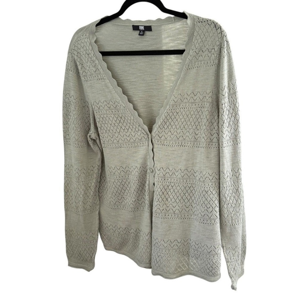 Frye Womens XL Sage Green Pointelle Scalloped V-Neck Button Cardigan Sweater